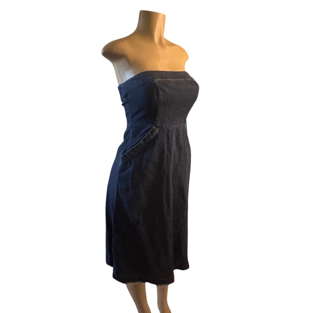 Women 2 Anthropologie Holding Horses Denim Jean Strapless Dress A-Line Raw Hem